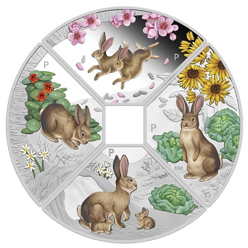 4x Dollar 2023 Tuvalu PROOF farbená 4 Oz Ag Year of the Rabbit (V:8:6)