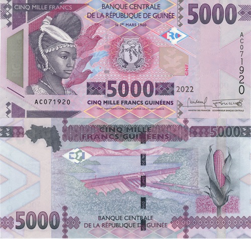 5000 Francs 2022 Guinea UNC séria AC