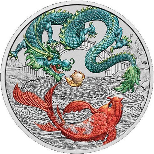 Dollar 2023 Austrália BU farbená 1 Oz Ag, Dragon & Koi  (var. 2)