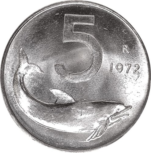 5 Lira 1975 Taliansko ob.UNC Delfín