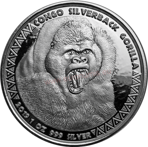 5000 Francs 2019 Kongo BU 1 Oz Ag Silverback Gorilla