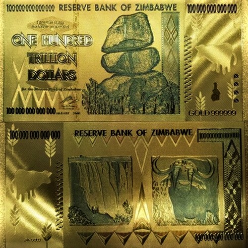 100 000 000 000 000 000 000 Dollars 2008 Zimbabwe (pozlátená replika 24 k GOLD)