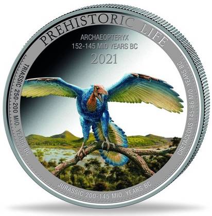 20 Francs 2021 Kongo BU farbená 1 Oz Ag Archaeopteryx
