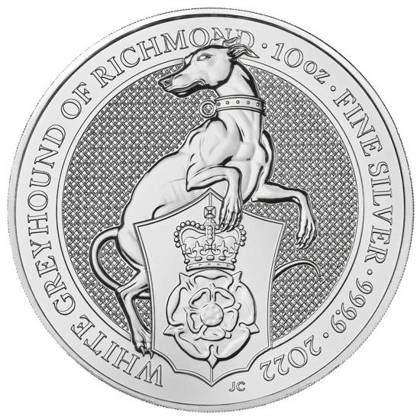 10 Pounds 2022 Veľká Británia BU 10 Oz Ag White Greyhound