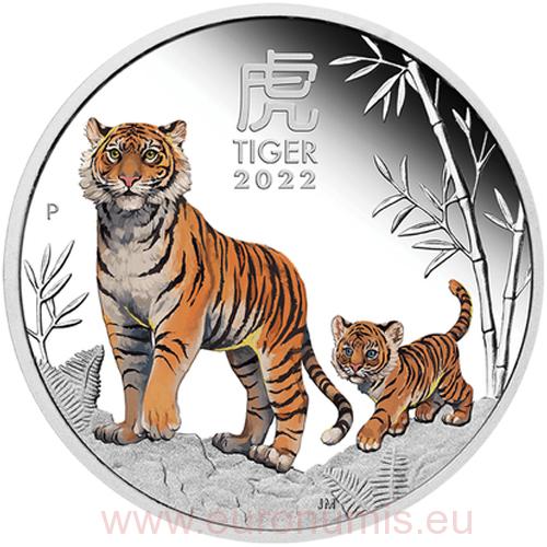 Dollar 2022 Austrália BU farbená 1 Oz Ag Lunar III. Tiger (X:3:4)