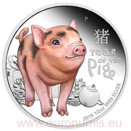 50 Cents 2019 Austrália PROOF farbená 1/2 Oz Ag Lunar II: Little Pig