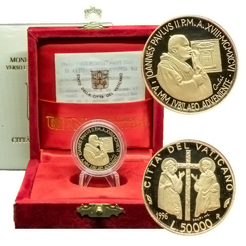 50 000 Lira 1996 Vatikán PROOF Ján Krstiteľ a Sv Ján Evanjelista