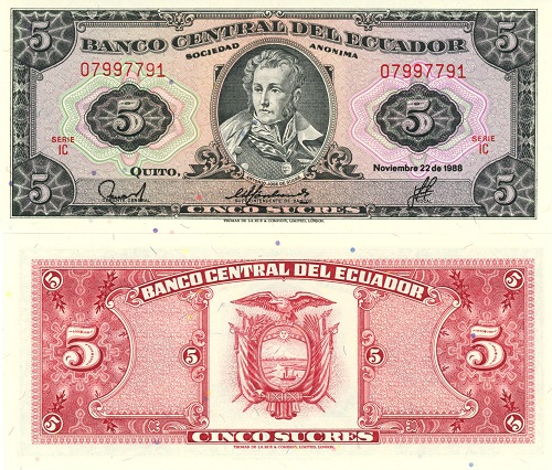 5 Sucres 1988 Ekvádor UNC séria IB