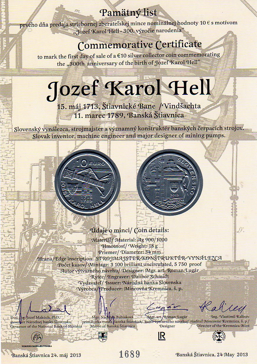 Pamätný list 2013, Jozef Karol Hell