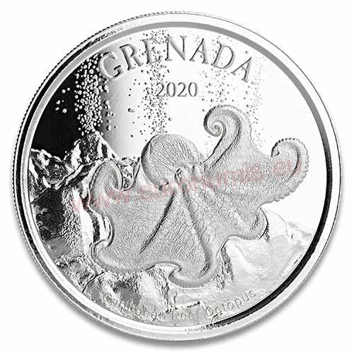 2 Dollars 2020 Grenada BU 1 Oz Ag Octopus
