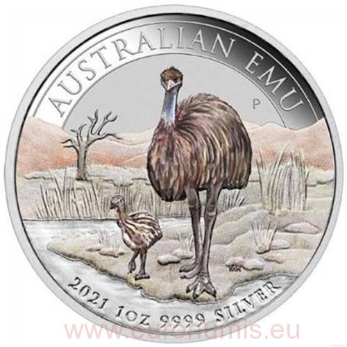 Dollar 2021 Austrália PROOF farbená 1 Oz Ag Australian Emu