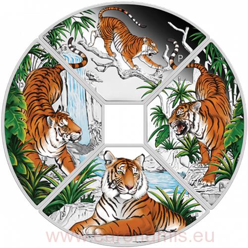 4x Dollar 2022 Tuvalu PROOF farbená 4 Oz Ag Year of the Tiger