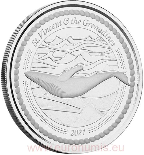 2 Dollars 2021 Svätý Vincent a Grenadíny BU 1 Oz Ag Humpback Whale