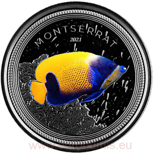 2 Dollars 2021 Montserrat PROOF farbená 1 Oz Ag Blue Girdled Angelfish 