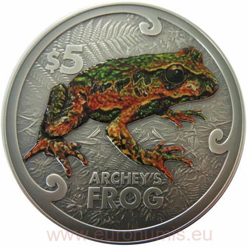 5 Dollars 2022 Nový Zéland BU Antique farbená 2 Oz Ag Archey's Frog