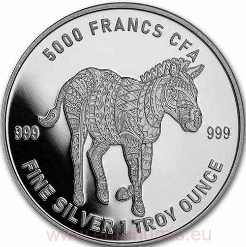 5000 Francs CFA 2022 Čad BU 1 Oz Ag Mandala Zebra (V:4:1)