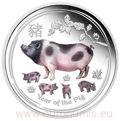 Dollar 2019 Austrália PROOF farbená 1 Oz Ag Lunar II: Year of the Pig 