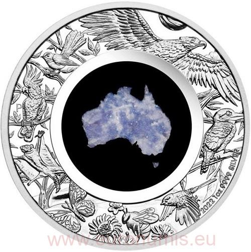 Dollar 2022 Austrália PROOF Blue Lepidolite 1 Oz Ag Great Southern Land