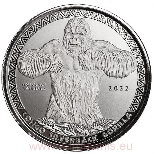 500 Francs 2022 Kongo BU 1 Oz Ag Silverback Gorilla (X:1:1)