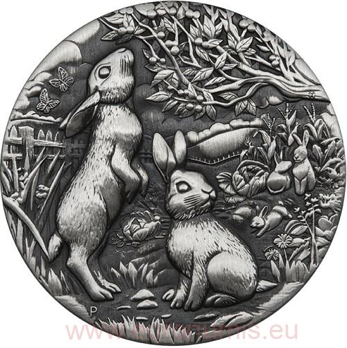 2 Dollars 2023 Austrália BU Antiqued 2 Oz Ag Lunar: Year of the Rabbit