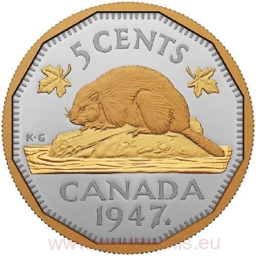 5 Cents 2023 Kanada PROOF pozlátená 2 Oz Ag 1947 Maple Leaf Mark(X:12:3)
