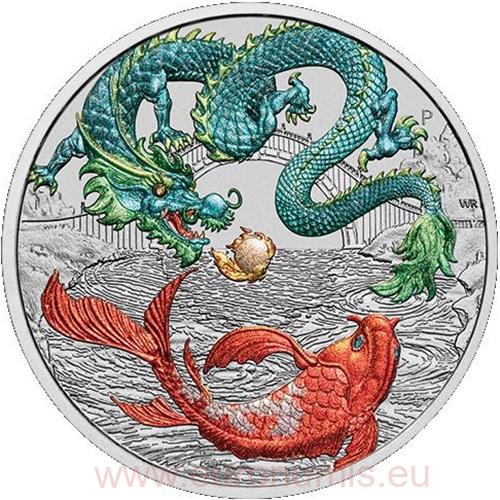 Dollar 2023 Austrália BU farbená 1 Oz Ag, Dragon & Koi  (var. 2)
