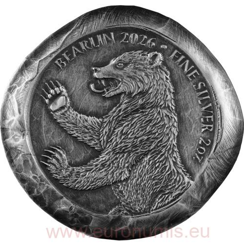 Strieborná tehlička 2026 Germania BU Antiqued 2 Oz Ag, Berlínsky medveď