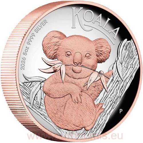 8 Dollars 2026 Austrália PROOF High Relief Gilded 5 Oz Ag, Australian Koala