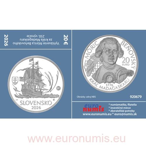 Papierový prebal na 20 euro 2026 Slovensko PROOF, Móric Beňovský kráľ Madagaskaru