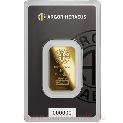 Investičné zlato - zlatá tehlička 10 g 999,9 Au, Argor-Heraeus (Nový dizajn)
