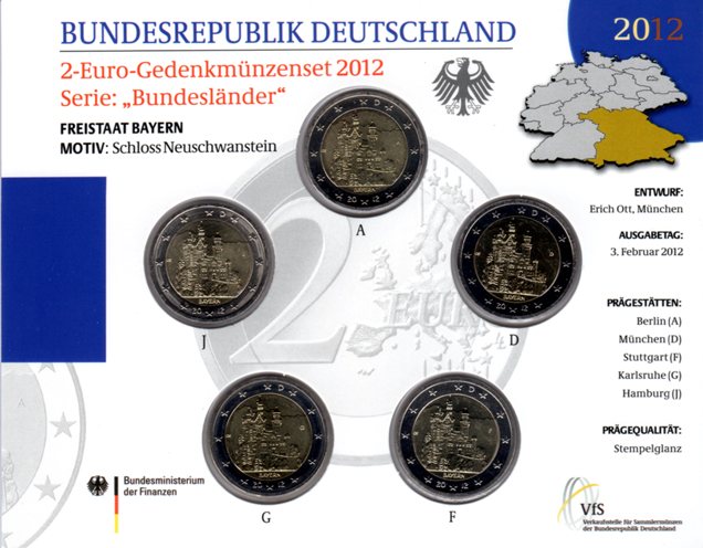 5 x 2 euro 2010 "ADFGJ" Nemecko cc.karta Brémska radnica
