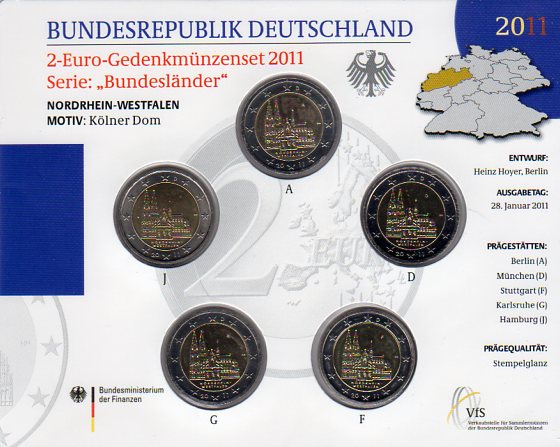 5 x 2 euro 2011 "ADFGJ" Nemecko cc.karta Severné Porýnie-Vestfálsko