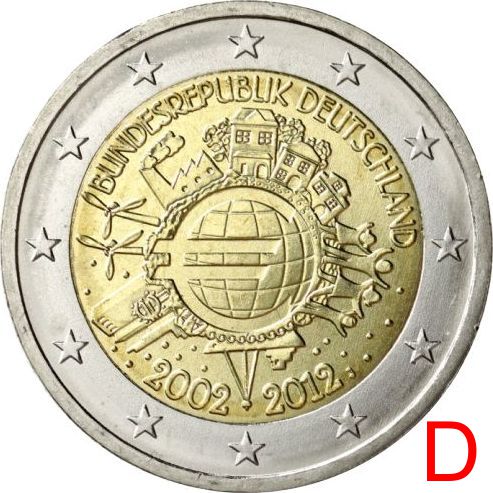 2 euro 2012 D Nemecko cc.UNC, zavedenie hotovostnej eurovej meny