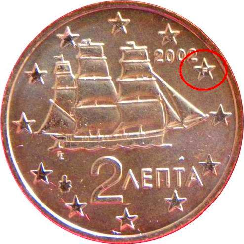 2 cent 2002 Grécko ob.UNC značka mincovne