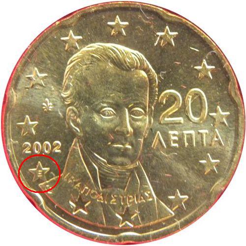 20 cent 2002 Grécko ob.UNC značka mincovne
