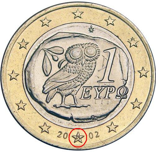 1 euro 2002 Grécko ob.UNC značka mincovne