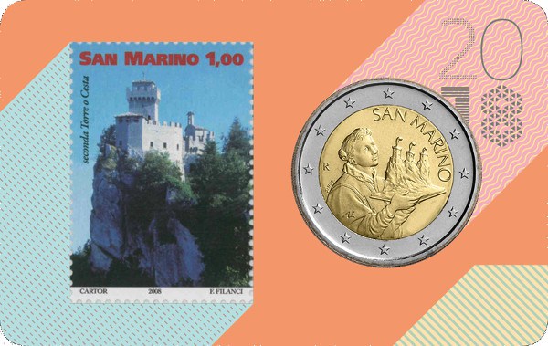 2 euro a 1€ známka 2018 San Maríno BU karta 