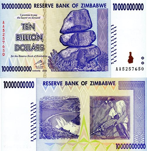 10 000 000 000 Dollar 2008 Zimbabwe UNC séria AA