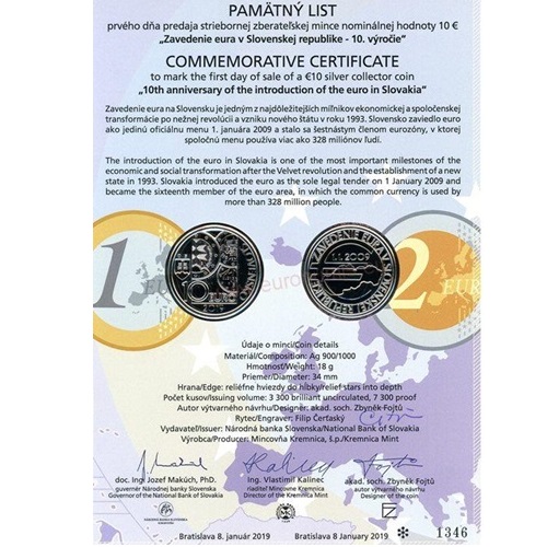 Pamätný list 2019, Zavedenie eura (originál 1 podpis)