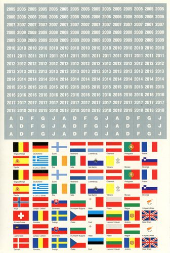 Samolepky vlajky európskych štátov - 32 štátov, roky (2005-2018), písmen.(S1860)