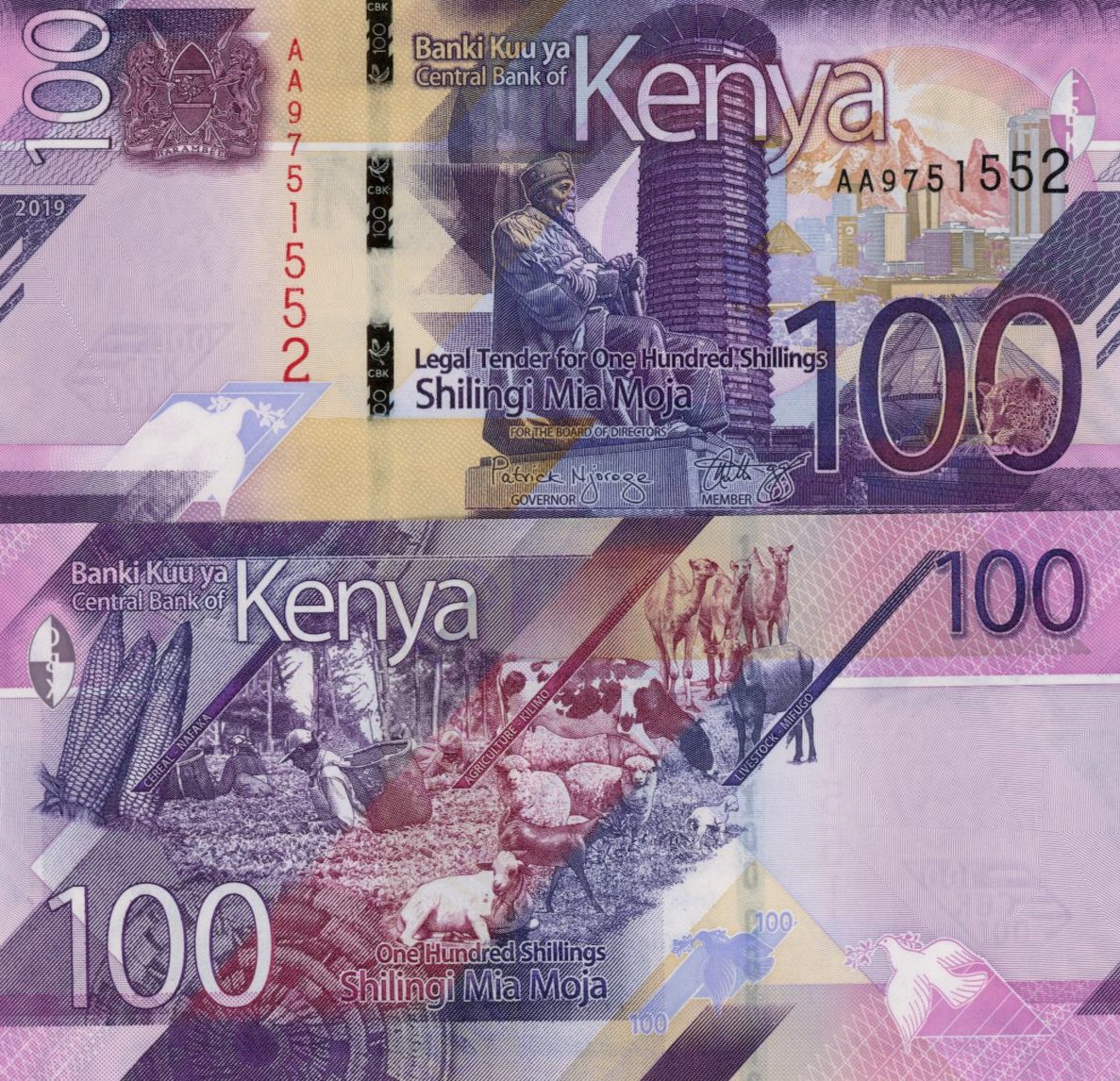 100 Shillings 2019 Keňa UNC séria AA