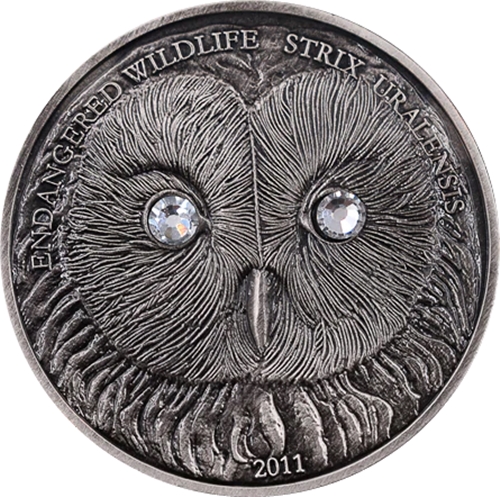 Medaila, replika mince 500 Tugrik 2011 Mongolsko BU Strix uralensis