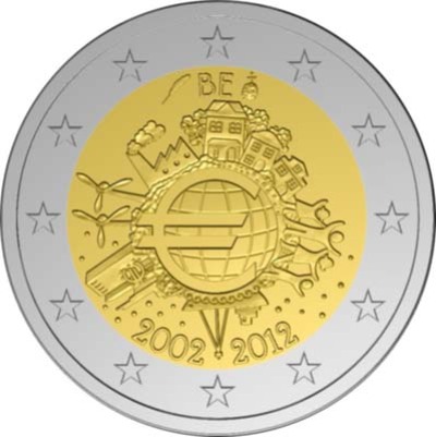 2 euro 2012 Belgicko cc.UNC, zavedenie hotovostnej eurovej meny 