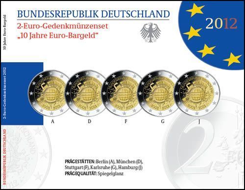 SADA 5 x 2 euro 2012 Nemecko A D F G J cc.PROOF Euro Mena