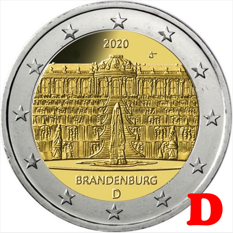 2 euro 2020 "D" Nemecko cc.UNC Brandenburg