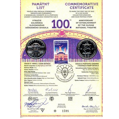 Pamätný list 2020, 100. výročie založenia SND (originál 1 podpis)