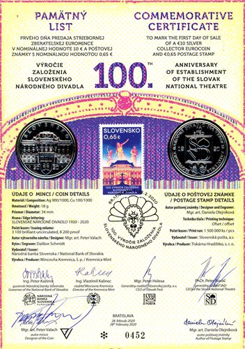 Pamätný list 2020, 100. výročie založenia SND (originál 2 podpisy)