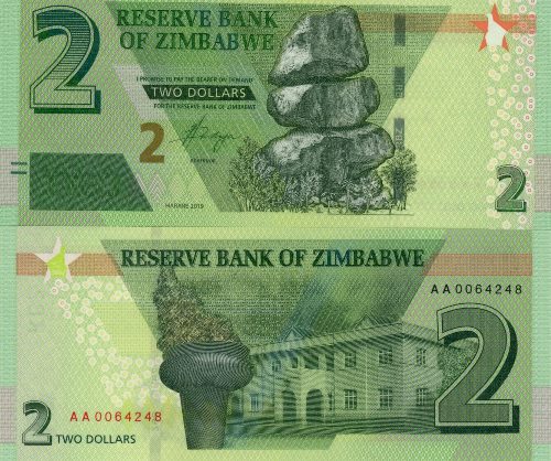 2 Dollars 2019 Zimbabwe UNC séria AA
