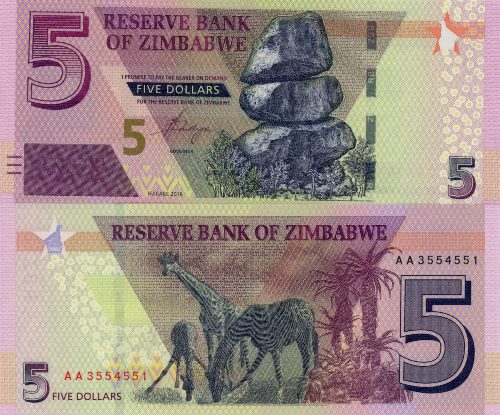 5 Dollars 2019 Zimbabwe UNC séria AA