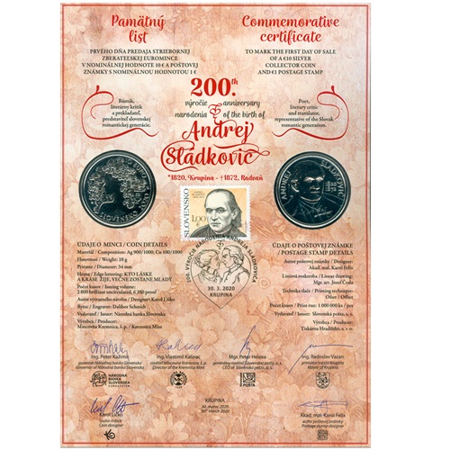 Pamätný list 2020, Andrej Sládkovič – 200. výročie narodenia